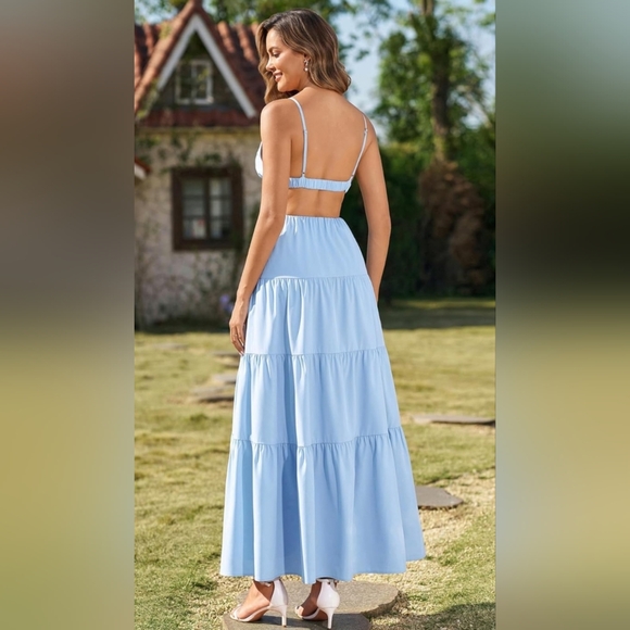 Boho Blue Maxi Dress NWT Flowy Tiered Sundress Cutout Back Size L 12 14 - Picture 2 of 6